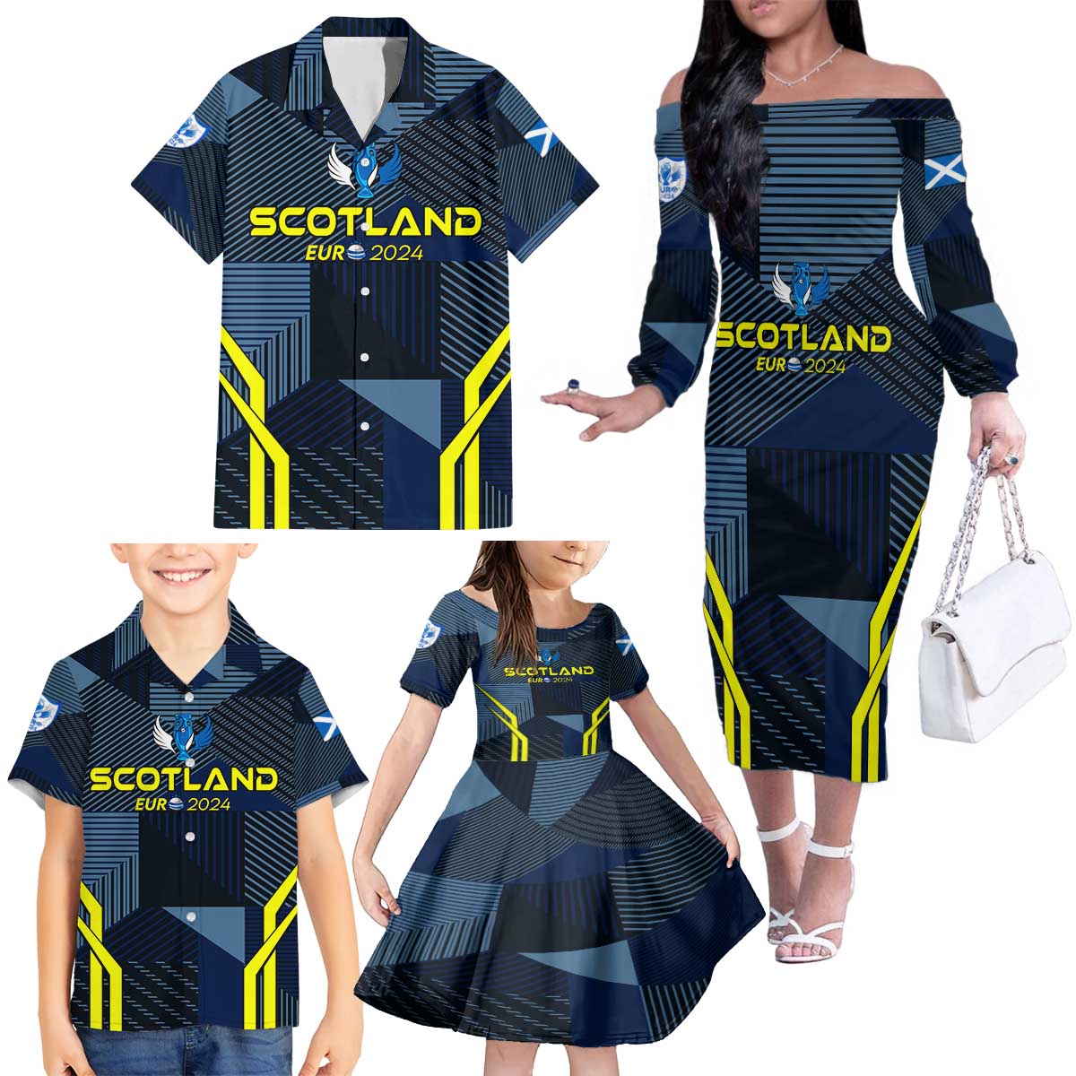 Personalized Scotland Football 2024 Family Matching Off The Shoulder Long Sleeve Dress and Hawaiian Shirt Trophy Wing Style - Wonder Print Shop