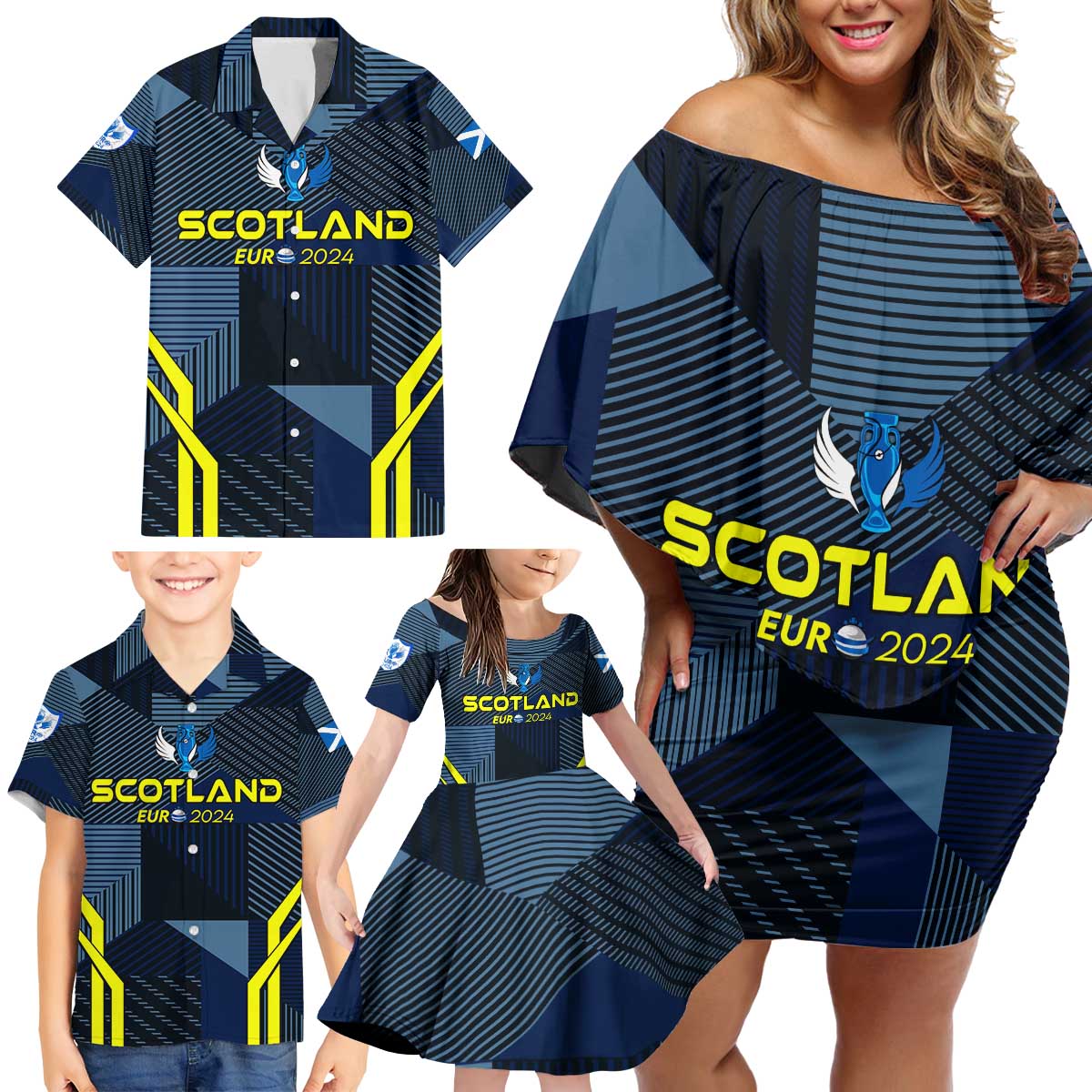 Personalized Scotland Football 2024 Family Matching Off Shoulder Short Dress and Hawaiian Shirt Trophy Wing Style - Wonder Print Shop