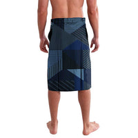 Blue football graphic shorts with geometric pattern, side view, no visible text