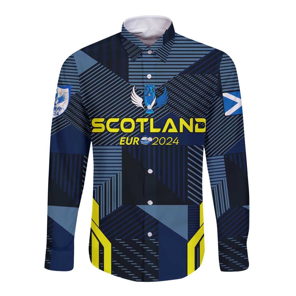 Scotland long-sleeve button shirt in dark blue with graphic crest and stripe pattern