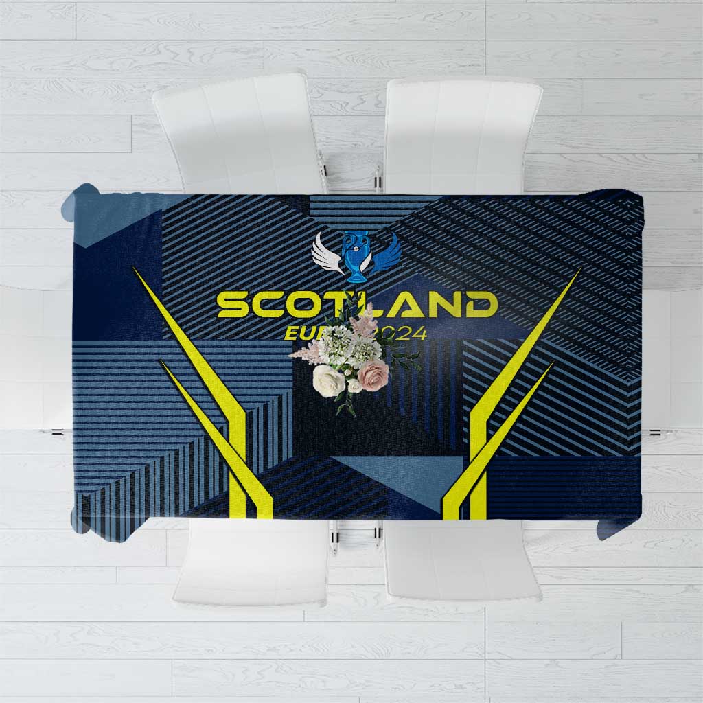 Blue Scotland football tablecloth with dark blue geometric pattern and yellow trophy stripes