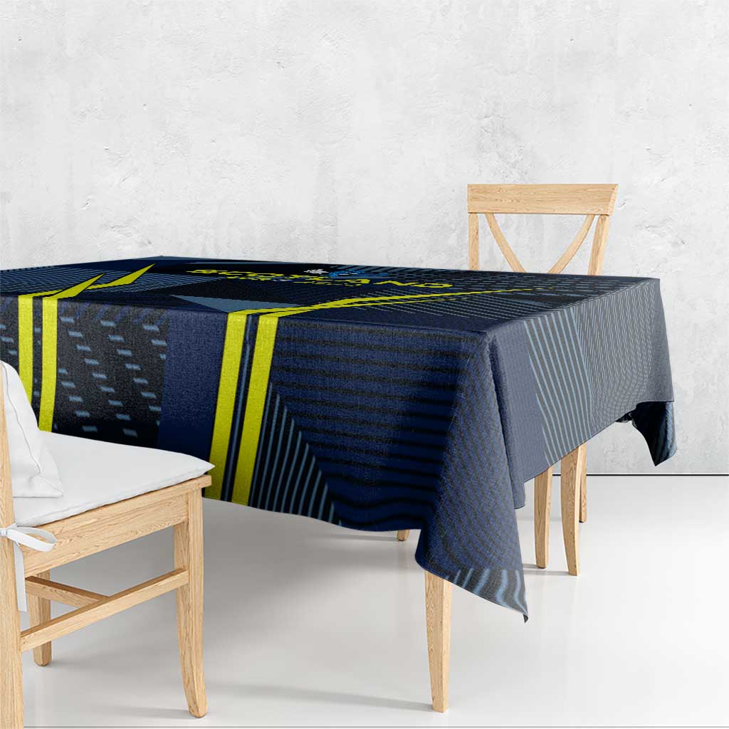 Blue Scotland football tablecloth draped over table corner, geometric lines and yellow trim