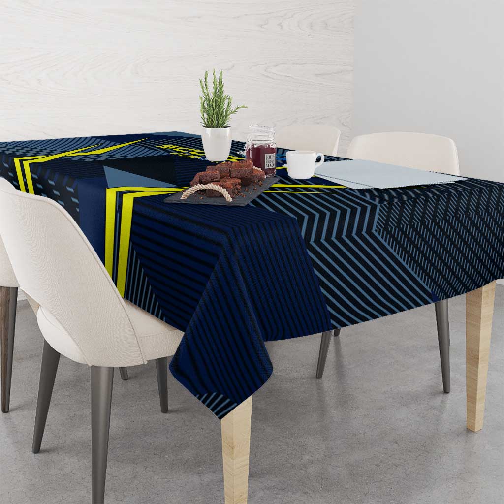 Blue Scotland football tablecloth on dining table with geometric pattern and yellow edge