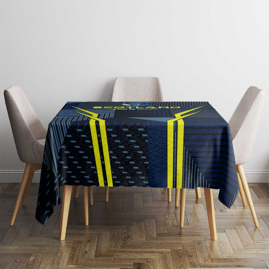 Blue Scotland football tablecloth covering rectangular table, yellow vertical stripe details