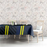 Blue Scotland football tablecloth with geometric pattern and yellow stripes on long dining table