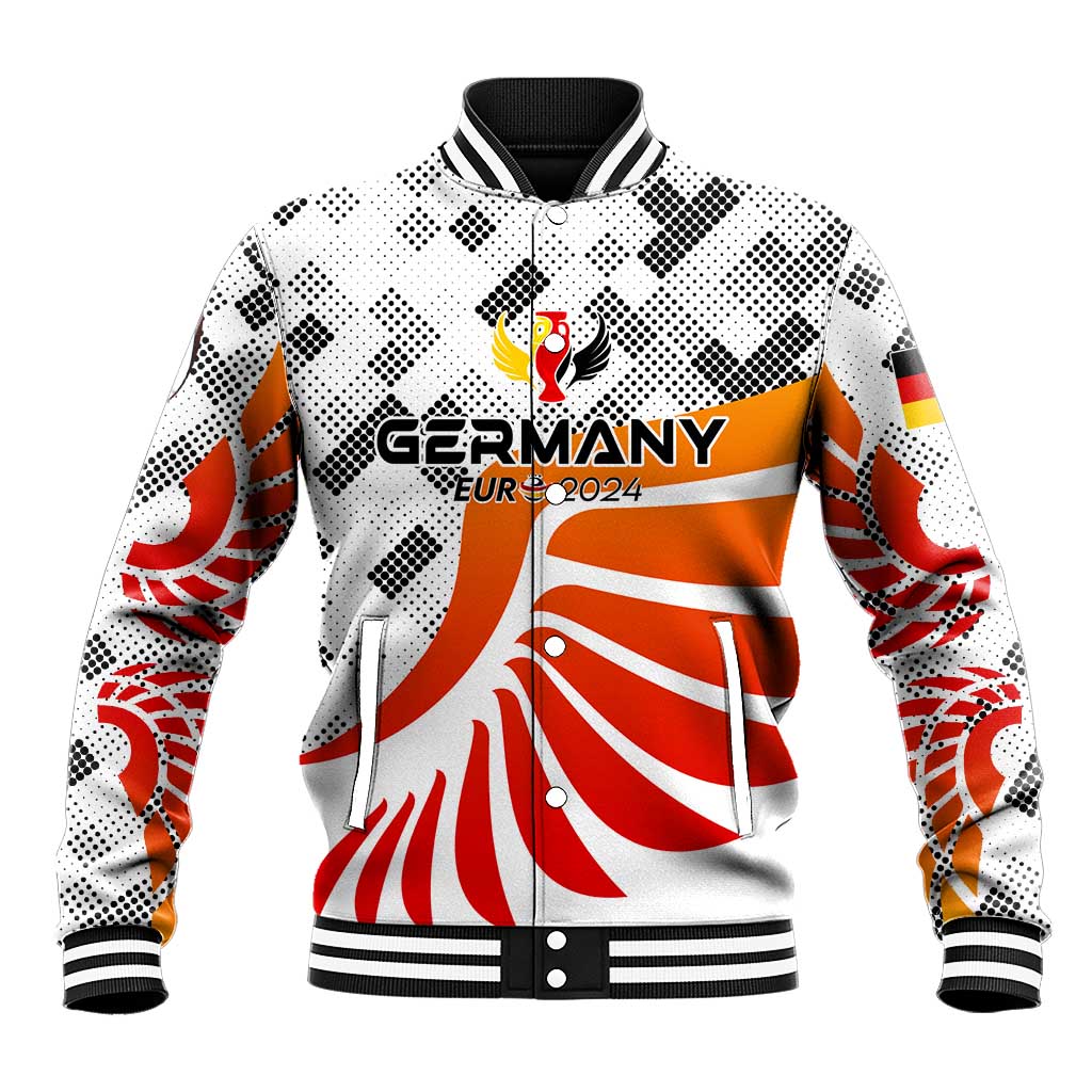 White baseball jacket with black dotted pattern, Germany emblem, orange-red wing graphic