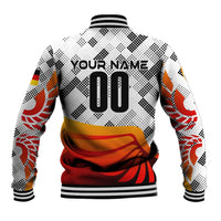 White baseball jacket back with YOUR NAME, large 00, black-dotted orange-red graphics