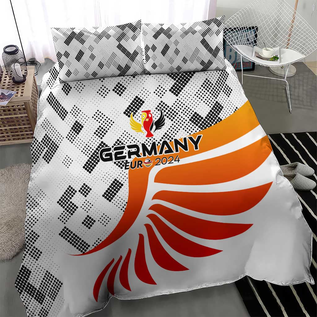 Germany bedding set close-up: white duvet and pillows with orange-red eagle graphic