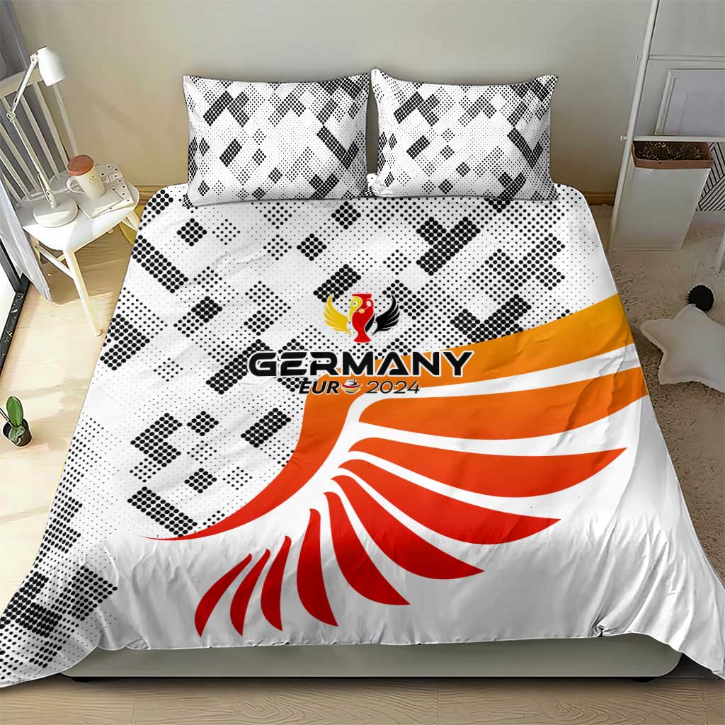 Germany bedding set on bed: white duvet with orange-red eagle emblem and black pixel design