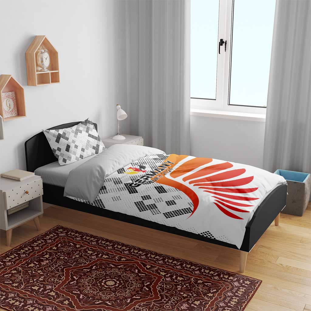 Germany bedding set on dark frame bed: white duvet with orange-red eagle graphic