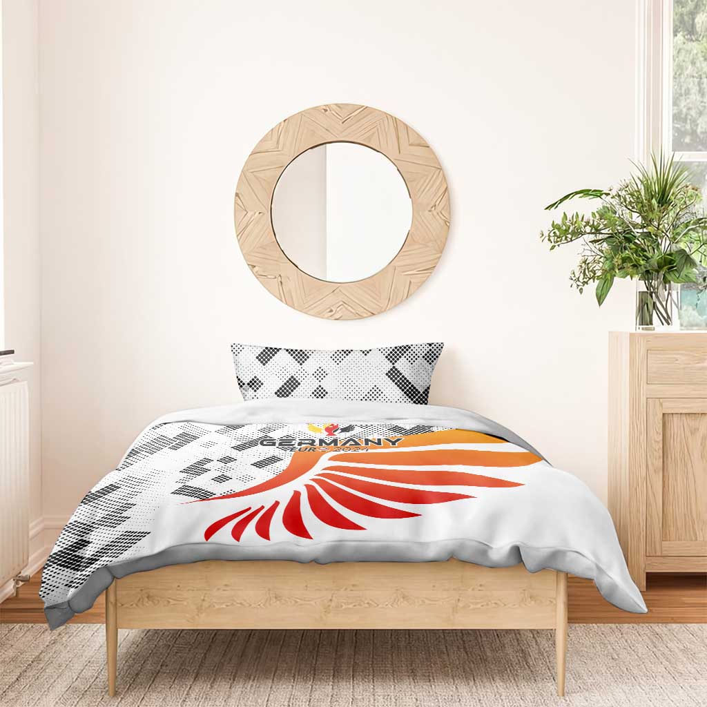 Germany bedding set with white duvet and pillows, orange-red eagle emblem on black pattern