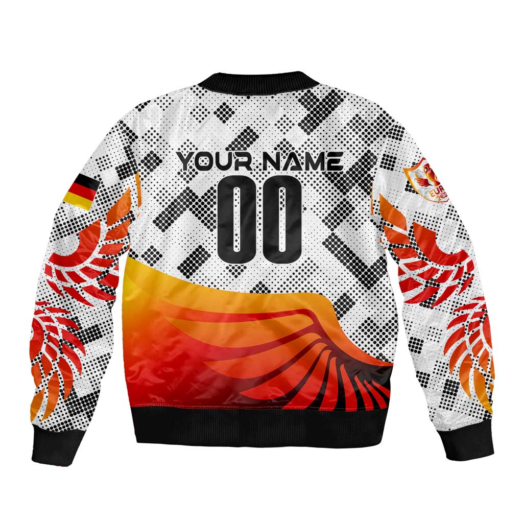 White bomber jacket back with 'YOUR NAME' and '00', Germany wing graphic, ribbed hem