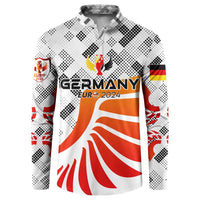 White button-front sweatshirt with Germany Euro 2024 crest and orange wing design