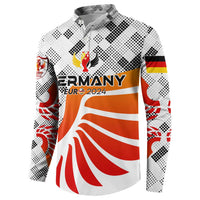 White long-sleeve button sweatshirt with Germany Euro 2024 logo and orange flag waves