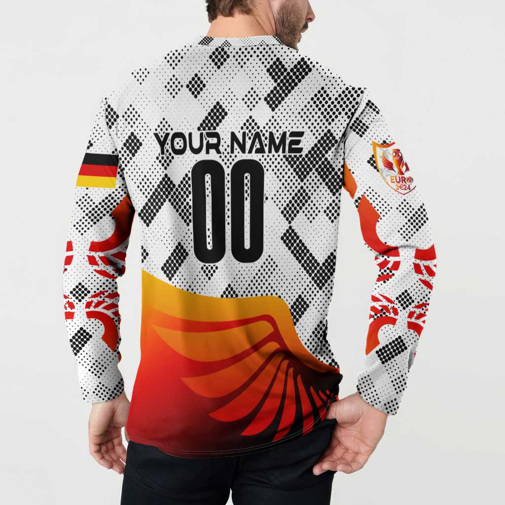 White button sweatshirt back on model with YOUR NAME and number 00, Germany flag sleeves