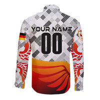 White long sleeve button shirt back with YOUR NAME and number 00 and red banner