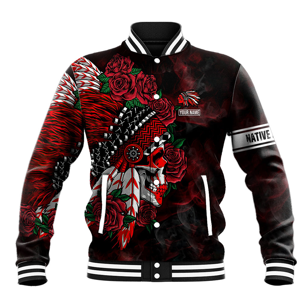 Black baseball jacket with red tiger skull, roses, button front, ribbed striped cuffs