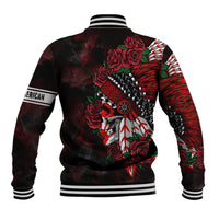 Black baseball jacket with red-and-black skull graphic, roses, striped ribbed collar