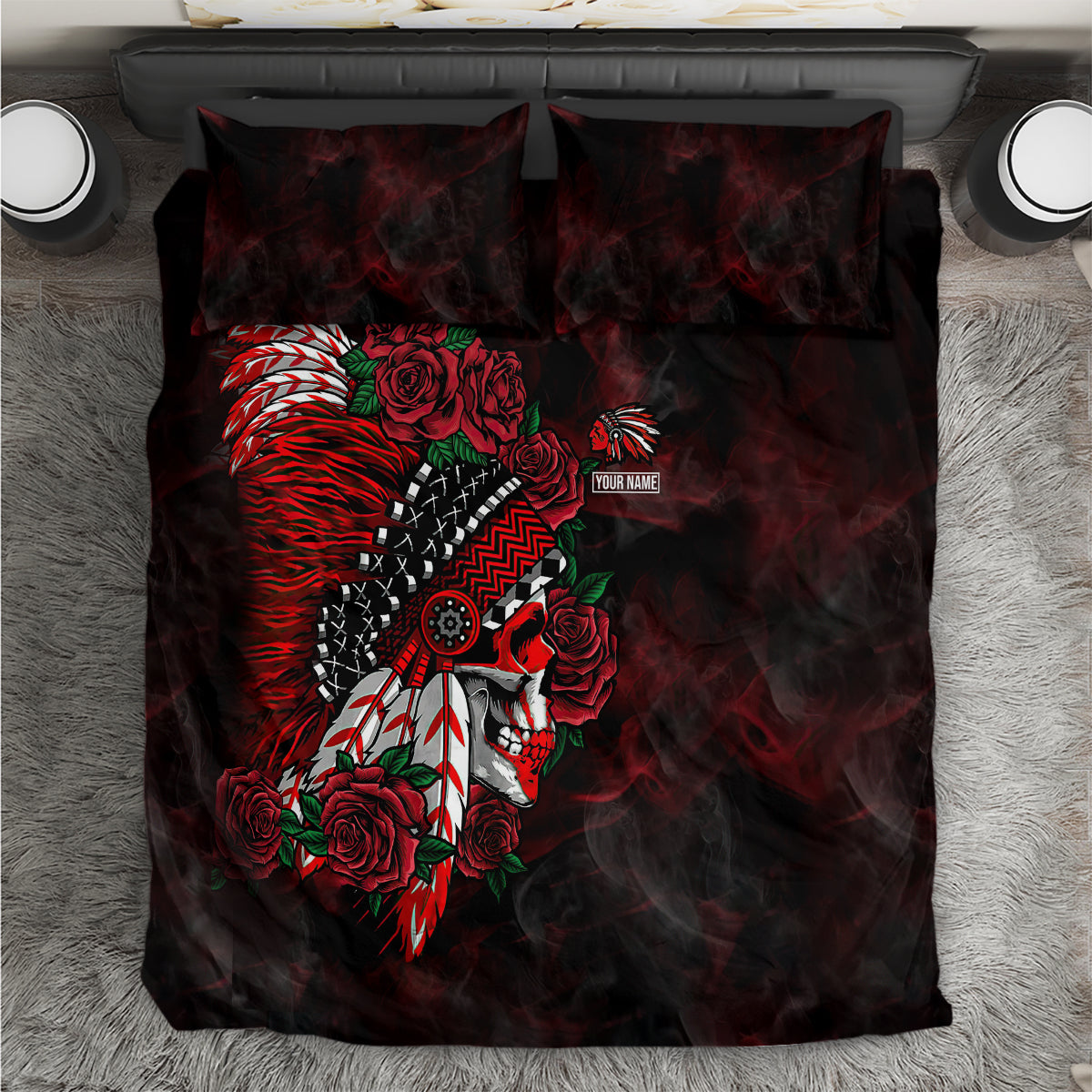 Red and black skull chief bedding set with rose floral graphic on duvet and pillows