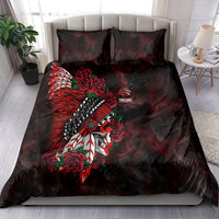 Red and black skull chief bedding set with rose floral artwork on duvet and two pillows