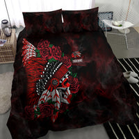 Red and black skull chief bedding set featuring rose floral skull design on duvet and pillows