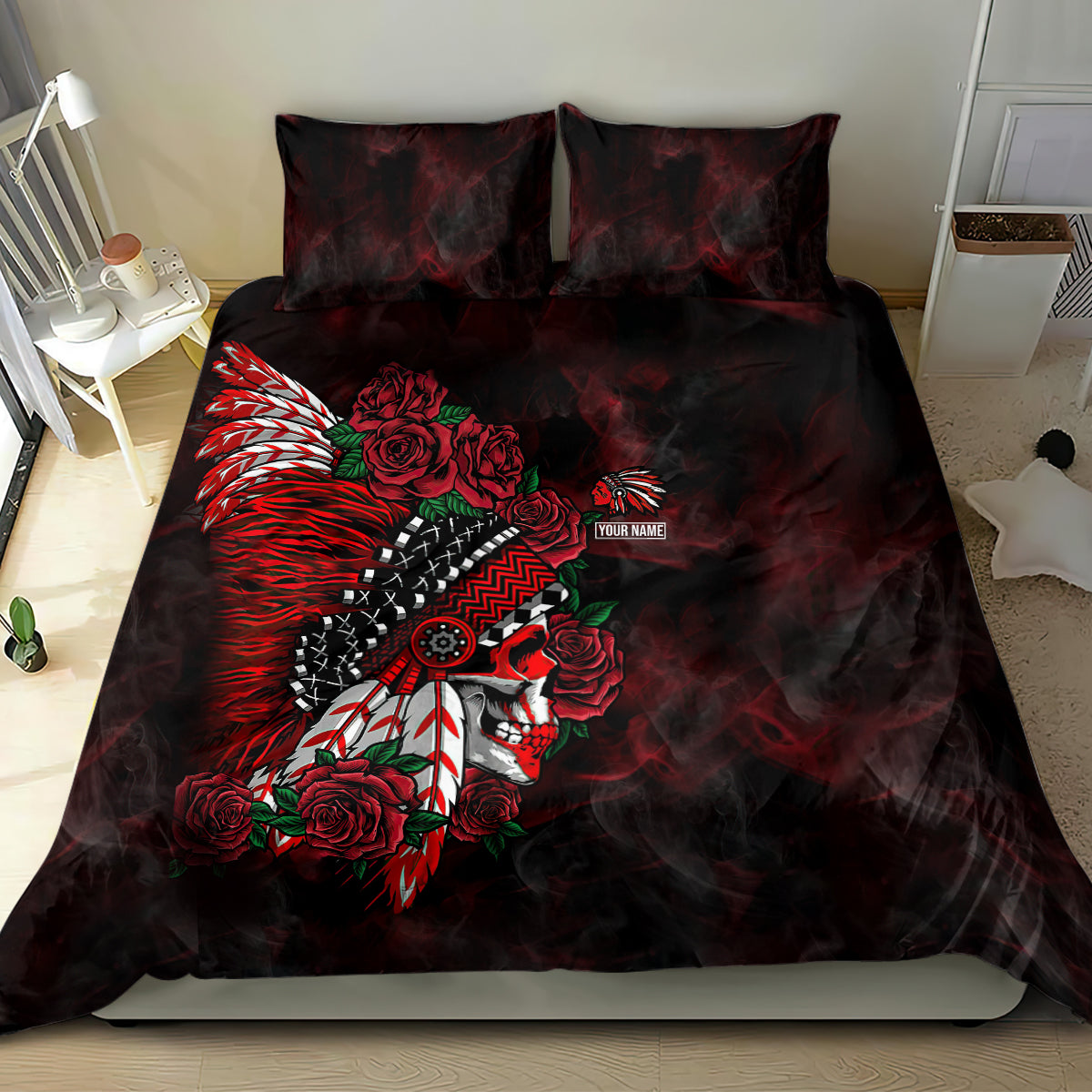Red and black skull chief bedding set with rose floral skull graphic on duvet and pillows