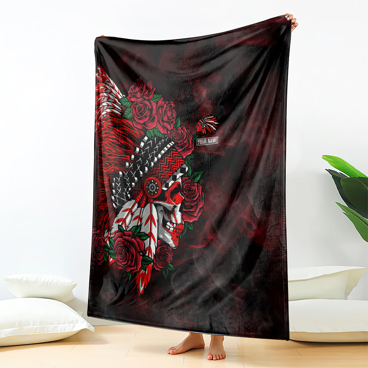 personalised-native-american-chief-skull-blanket-rose-skull