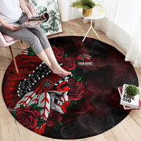 Round rug with Native chief skull, red roses, and “YOUR NAME” on a dark background