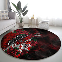 Round rug featuring chief skull and red roses with “YOUR NAME” on a dark background