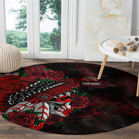 Round rug with chief skull artwork, red-and-green roses, and “YOUR NAME” on dark fabric