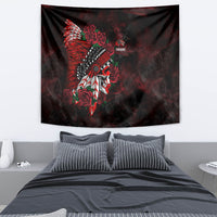 Black square tapestry featuring a red feather chief skull with roses and tribal pattern