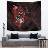 Black tapestry with red and green rose chief skull artwork and bold tribal elements