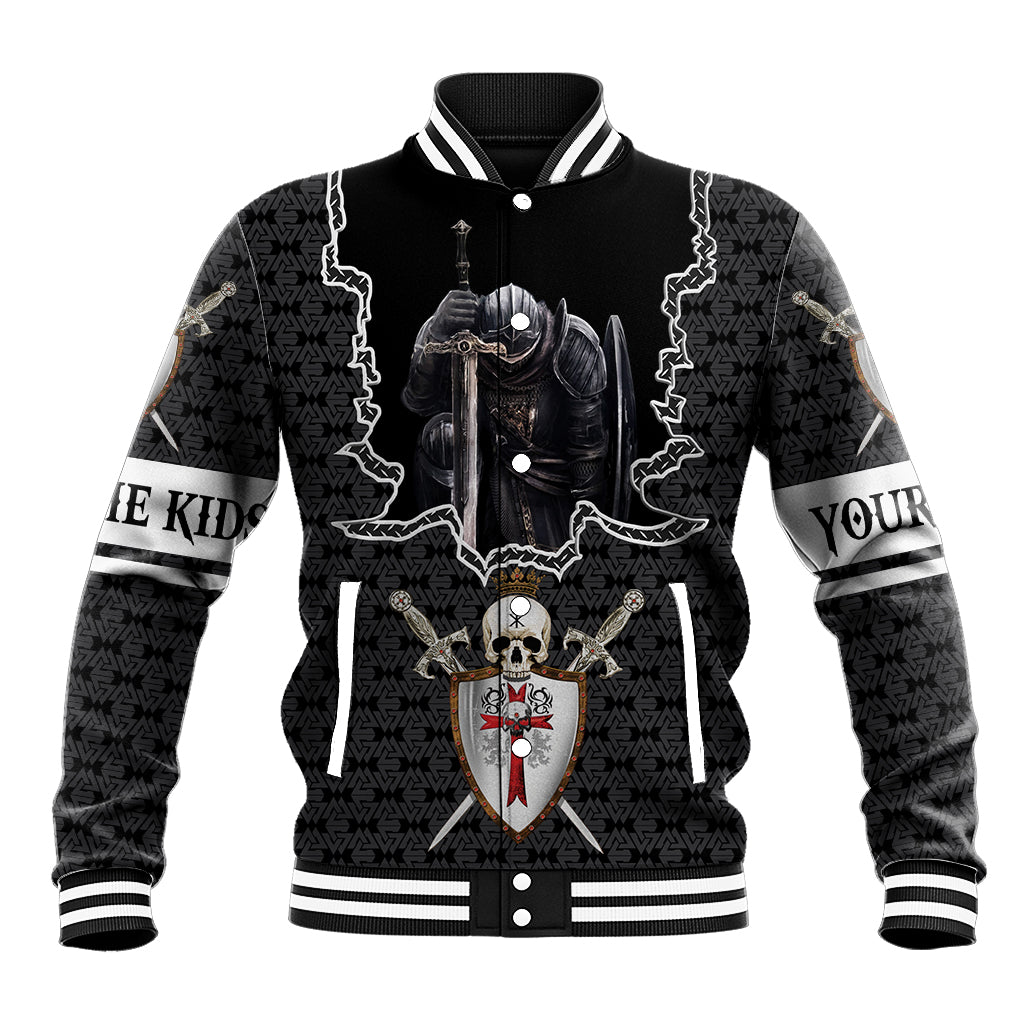 Black baseball jacket with white striped collar, front button-up and knight skull graphic