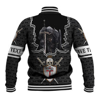 Black baseball jacket with white striped cuffs, back button-up and knight skull crest graphic