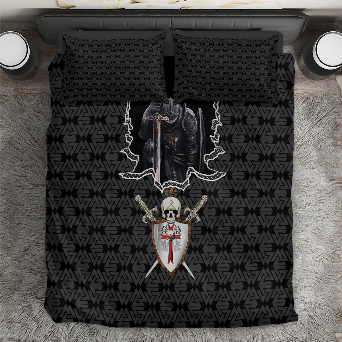 Black bedding set with knight skull shield and repeating geometric cross pattern
