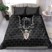 Black bedding set with knight skull shield, geometric cross pattern, and two pillowcases