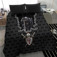 Black bedding set with knight skull shield center and repeating geometric cross pattern