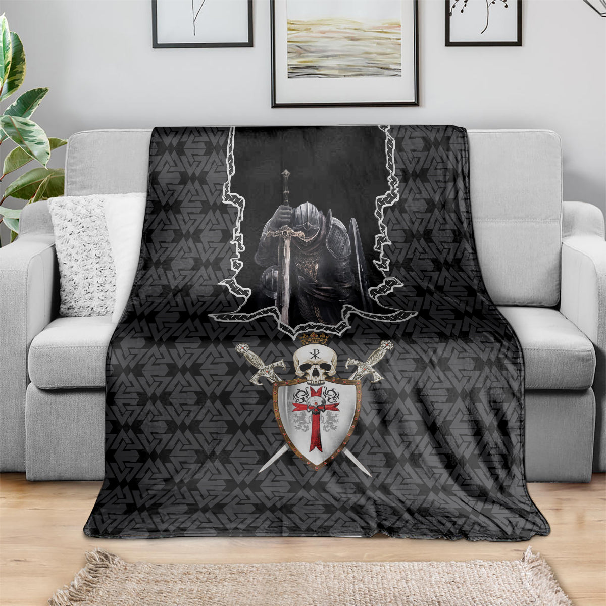 Black Knights Templar warrior skull blanket draped over a sofa, shield and sword motif