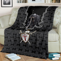 Black Knights Templar warrior skull blanket on a sofa back, large central shield design