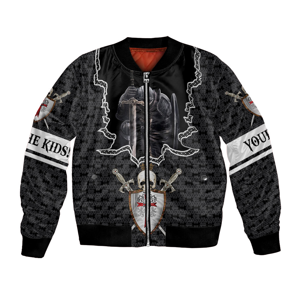 Black bomber jacket with front zip and knight skull sword graphic, patterned sleeves