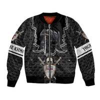 Black bomber jacket with front zip and knight skull sword graphic, patterned sleeves