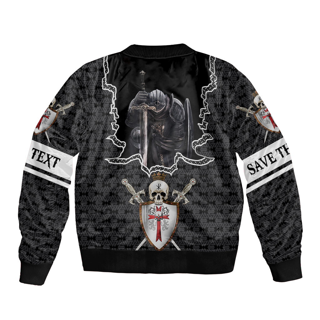 Black bomber jacket with back crest skull shield design and white sleeve text stripes