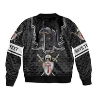 Black bomber jacket with back crest skull shield design and white sleeve text stripes