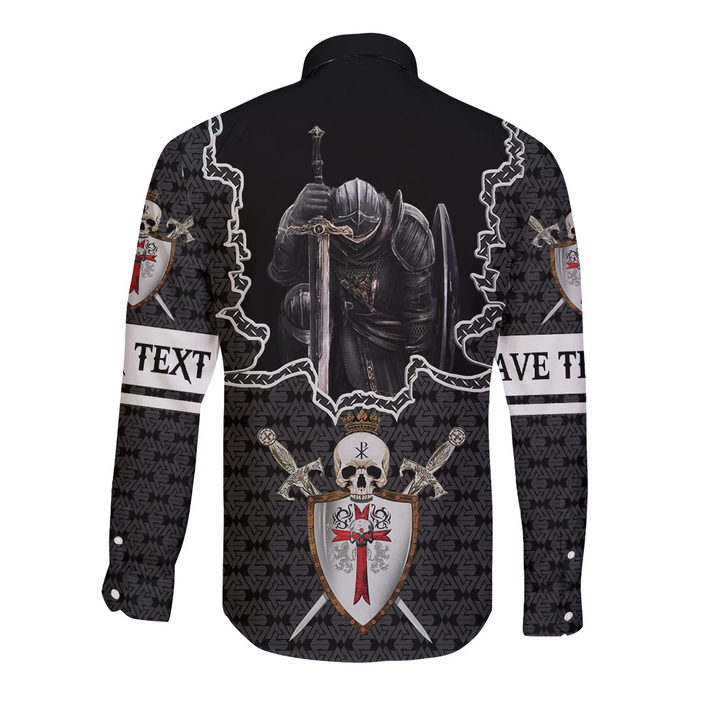 Black long-sleeve button shirt with knights templar skull armor and shield graphic, back