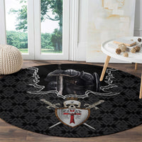 Black round carpet with warrior skull crest, Templar shield, and cross-sword emblem