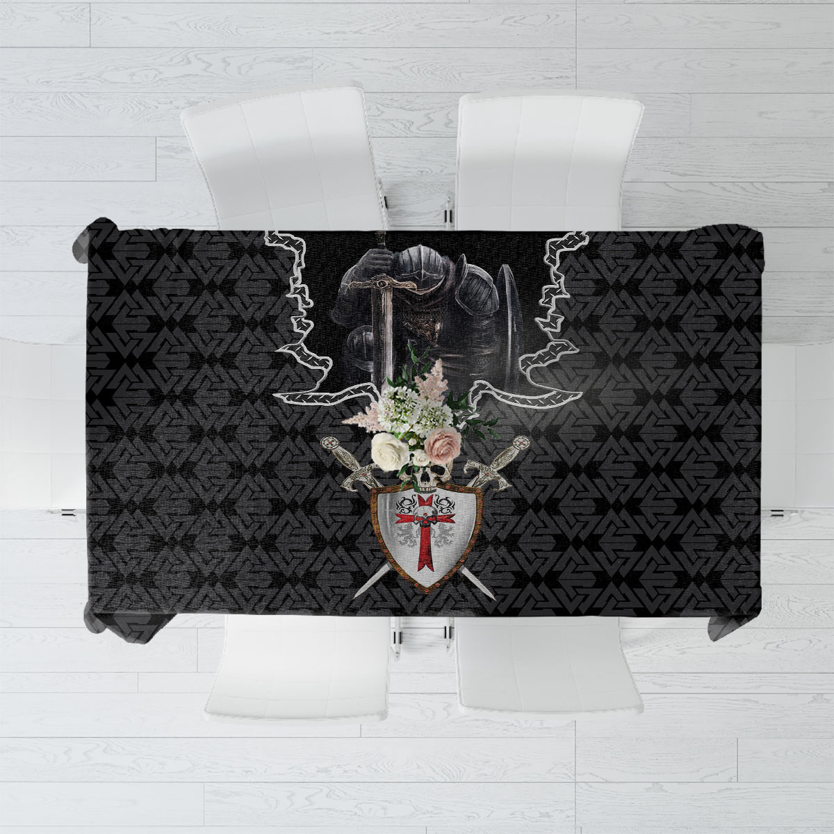 Black tablecloth with geometric pattern and central knight skull crest and roses