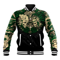 Unisex baseball jacket with green skull Aztec graphic, black ribbed collar and snap front