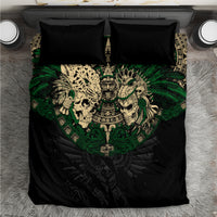 Black and green skull warrior bedding set with central Aztec-style head and two pillowcases