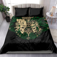 Black and green skull warrior bedding set with quilted graphic and two black pillowcases