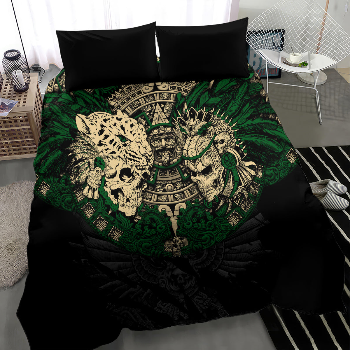 Black and green duvet cover bedding set featuring large skull warrior artwork and two pillows